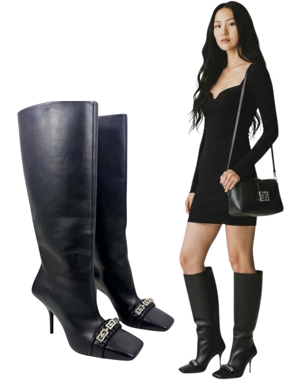 New Givenchy G Woven Leather Knee High Square Toe Boots Black Size 37